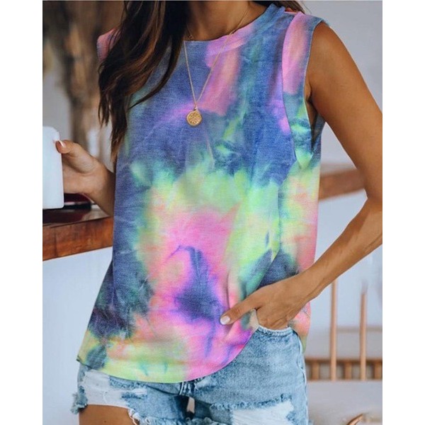 9 color 5 size 2021 popular Amazon wise cross border women's wear European and American round neck tie dyed solid color vest T-shirt 