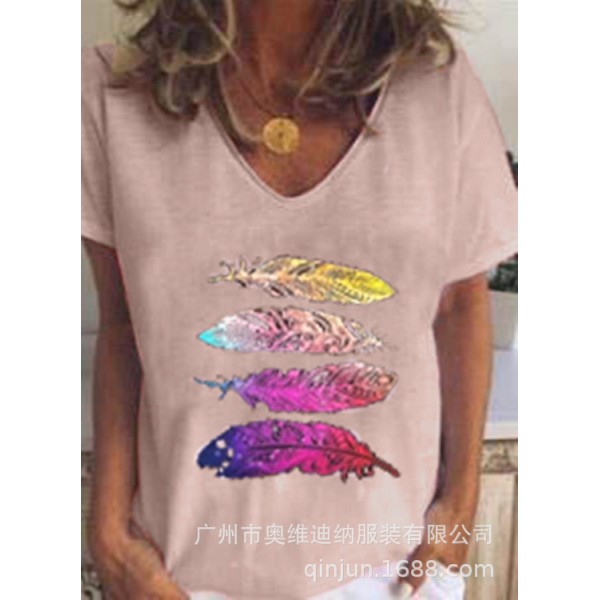 Wish2020 Amazon foreign trade new European and American summer feather 4 printed short sleeve women's T-shirt 