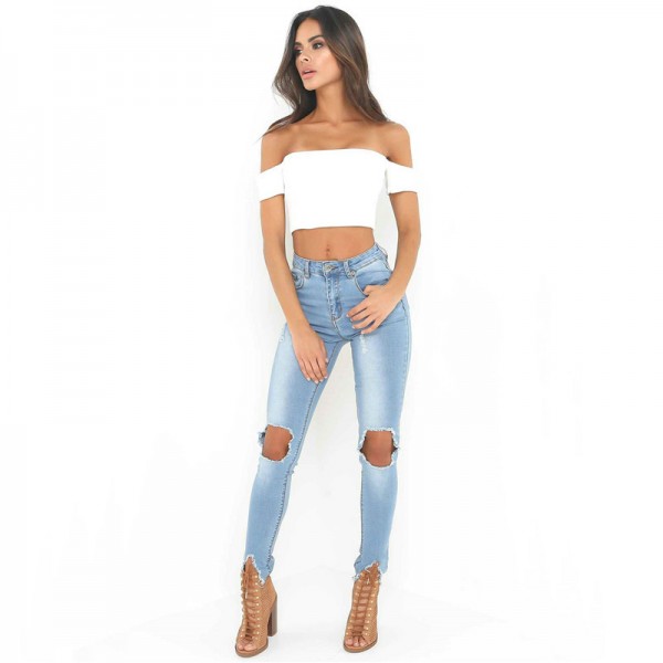 European and American cross-border e-commerce summer new straight neck off shoulder slim fit off navel sexy short sleeve T-shirt women's wear 