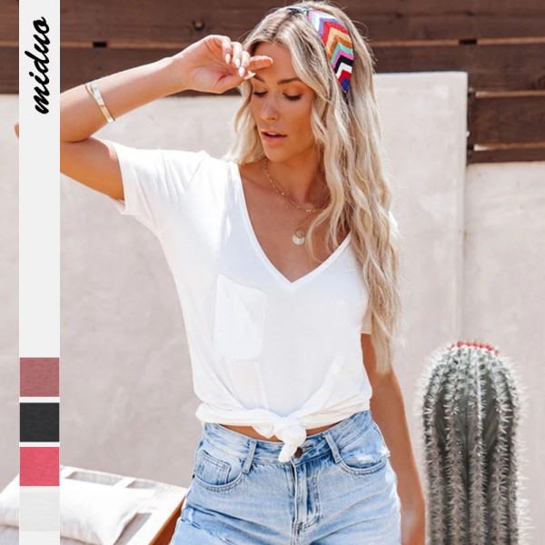 Amazon new solid color V-neck European and America...