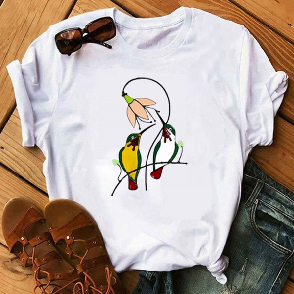 Wishebay foreign trade European and American women's loose round neck white bird print short sleeve T-shirt 