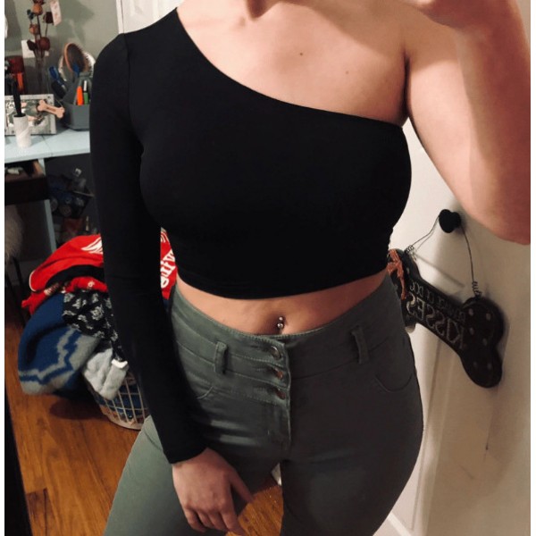 2021 cross border European and American Express 2020 new women's one shoulder long sleeve hollow out sexy navel top T-shirt 