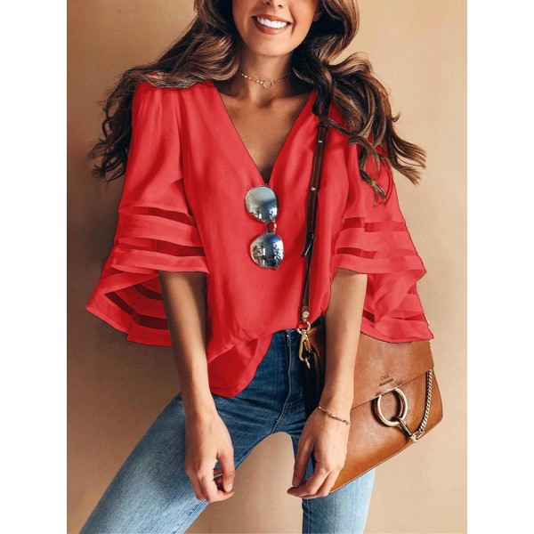 Amazon spring and summer new women's clothing express wish European and American loose large mesh splicing top 7057 