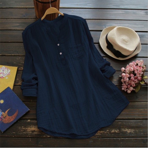 Amazon Europe and the United States new pure color versatile long sleeve stand collar Long Shirt Top 