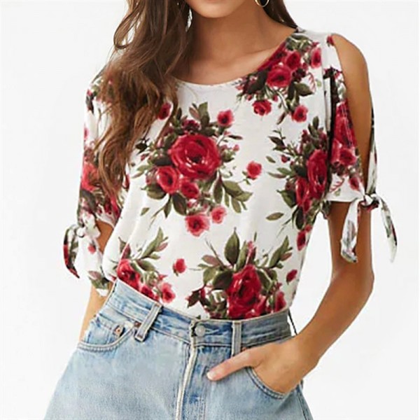 European and American summer flower printing casual off shoulder chiffon short sleeve women's T-shirt eaby express hot spot 