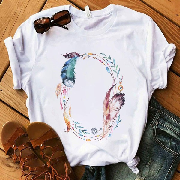 Wishebay foreign trade European and American women's loose round neck white bird print short sleeve T-shirt 
