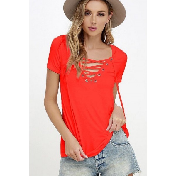Express New eBay popular summer clothes European and American sexy V-neck solid color bandage T-Shirt Top 