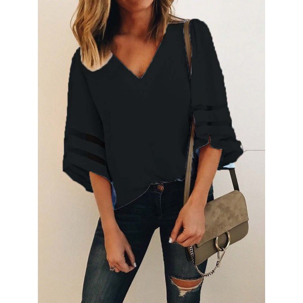 Amazon spring and summer new women's clothing express wish European and American loose large mesh splicing top 7057 