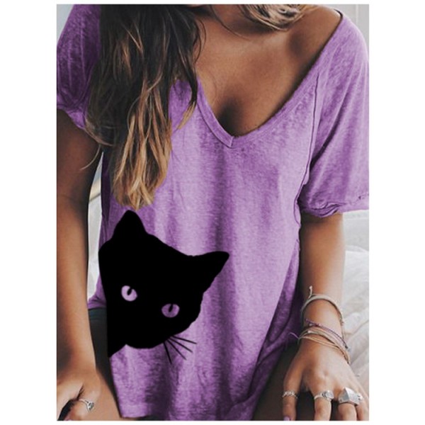 Amazon wish2020 European and American women's new top V-neck loose cat print short sleeve T-shirt 