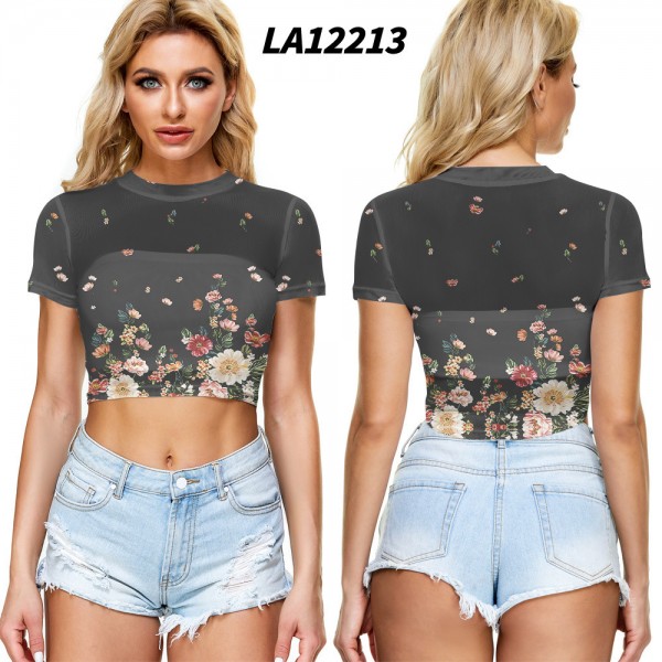 2021 New Amazon Women's cross border summer navel exposed mesh sexy short sleeve T-shirt round neck Pullover Europe and the United States 