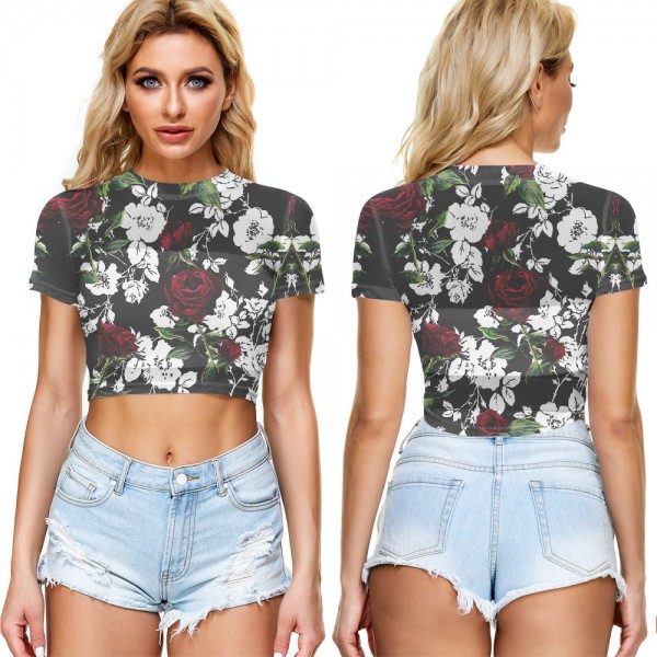 2021 New Amazon Women's cross border summer navel exposed mesh sexy short sleeve T-shirt round neck Pullover Europe and the United States 