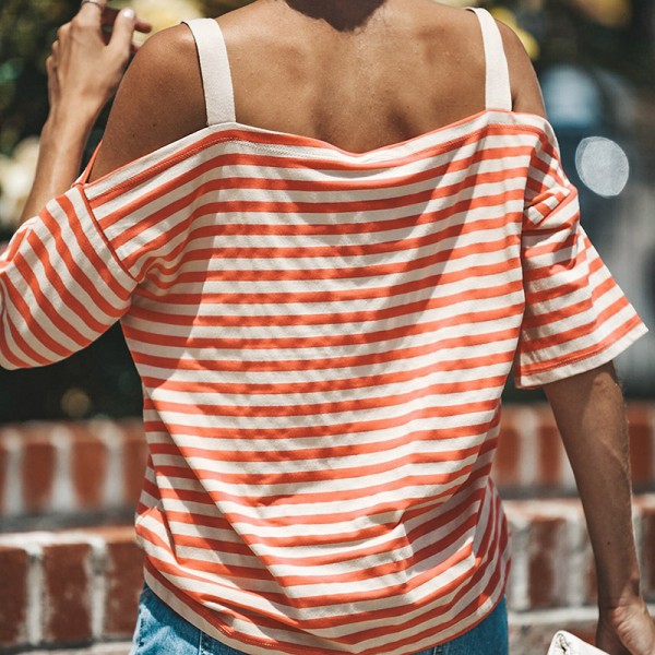 Foreign trade explosive eBay express Amazon wish European and American explosive striped short sleeved off shoulder top 