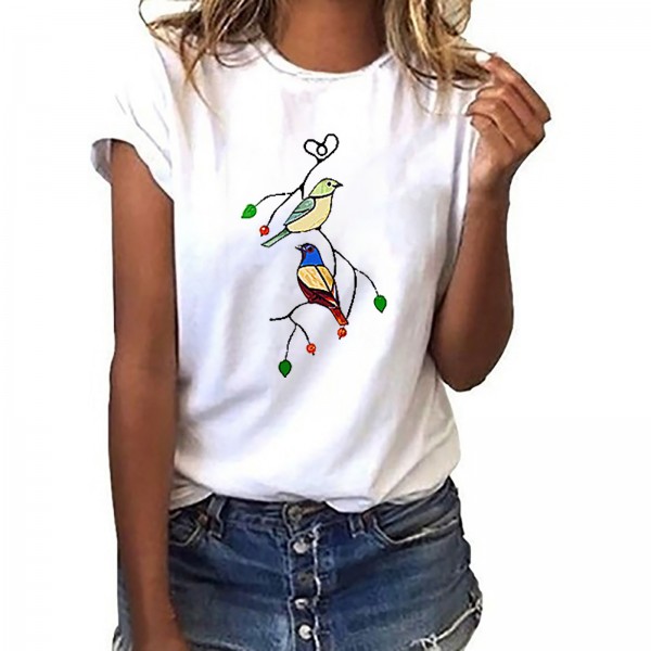 Wishebay foreign trade European and American women's loose round neck white bird print short sleeve T-shirt 