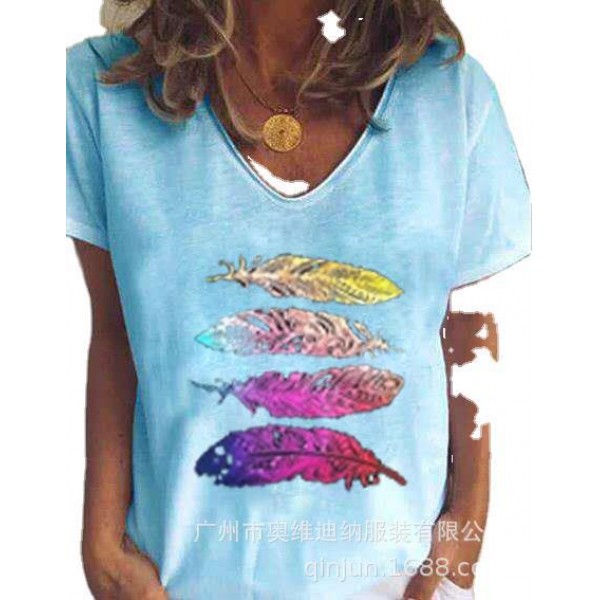 Wish2020 Amazon foreign trade new European and American summer feather 4 printed short sleeve women's T-shirt 