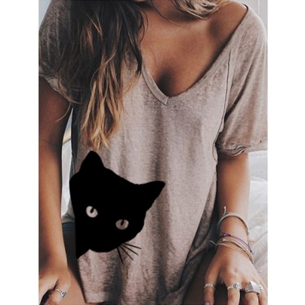 Amazon wish2020 European and American women's new top V-neck loose cat print short sleeve T-shirt 