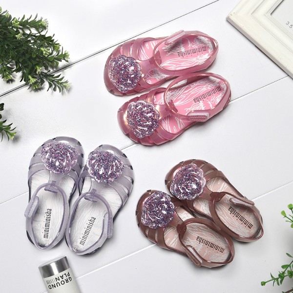 Brazil's new customized little girl's shoes shell glittering powder jelly shoes Baotou lovely baby children's SANDALS BEACH SHOES 