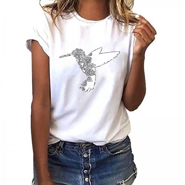 Wishebay foreign trade European and American women's loose round neck white bird print short sleeve T-shirt 