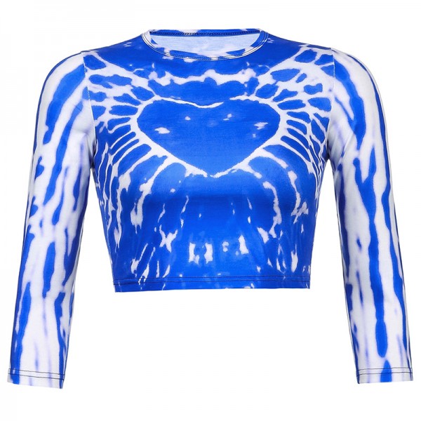 2021 spring foreign trade European and American style women's clothing personalized street love printing tie dyeing sexy navel exposed long sleeved T-shirt 