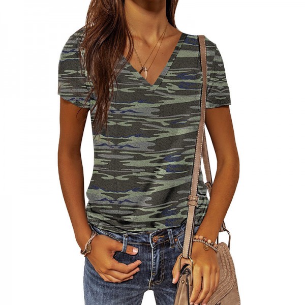 Cross border wish European and American summer 2022 New Amazon fashion slim fit Pullover head leopard V-neck short sleeved top women 