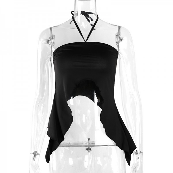 Ins European and American foreign trade cross-border 2021 heart hot selling solid color two wear ear edge hanging neck vest black suspender shirt 