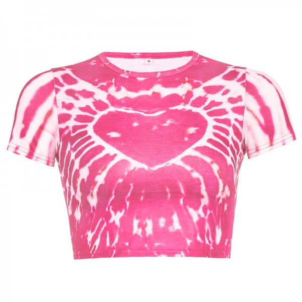 2021 spring foreign trade European and American style women's clothing personalized street love printing tie dyeing sexy navel exposed long sleeved T-shirt 