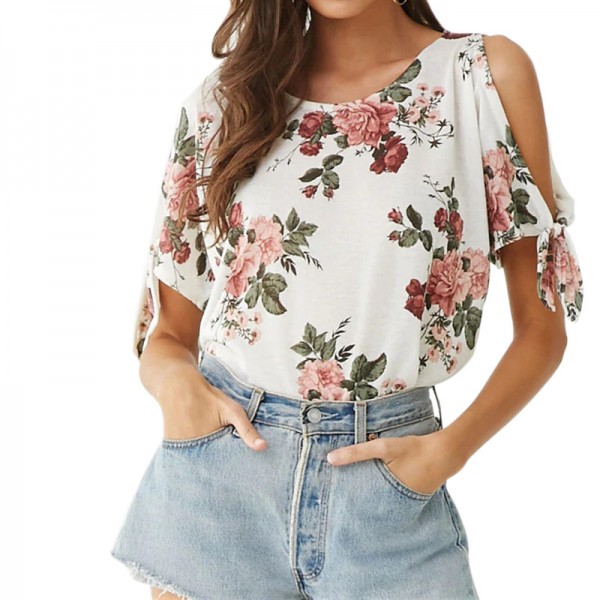 European and American summer flower printing casual off shoulder chiffon short sleeve women's T-shirt eaby express hot spot 