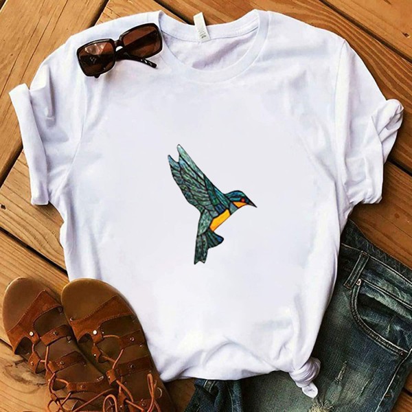 Wishebay foreign trade European and American women's loose round neck white bird print short sleeve T-shirt 