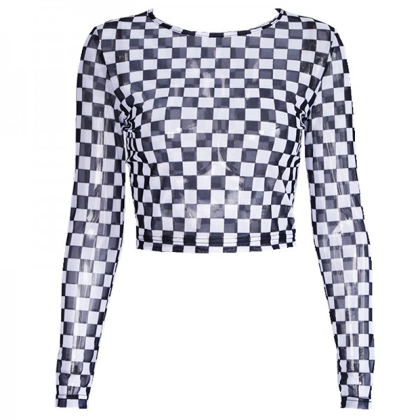 Europe and the United States 2020 spring and autumn popular women's clothing express cross-border black and white lattice round neck yarn net perspective long sleeve T-shirt women 