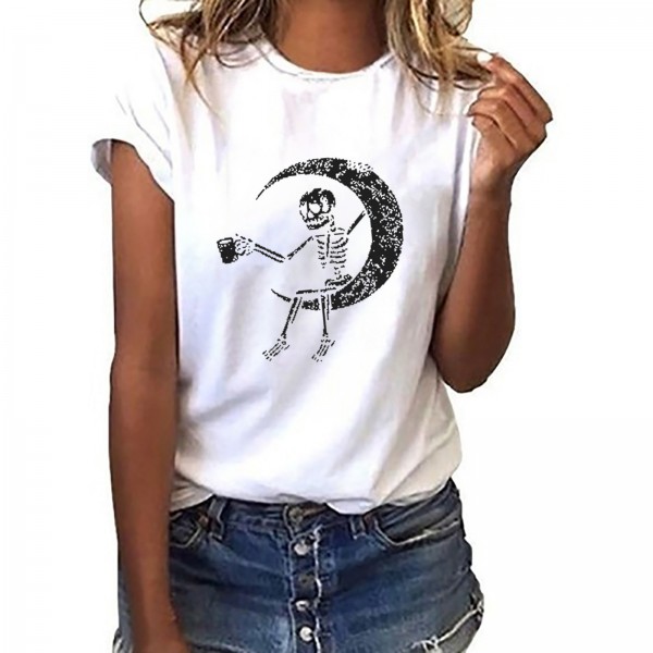 Wishebay foreign trade European and American women's loose round neck white bird print short sleeve T-shirt 