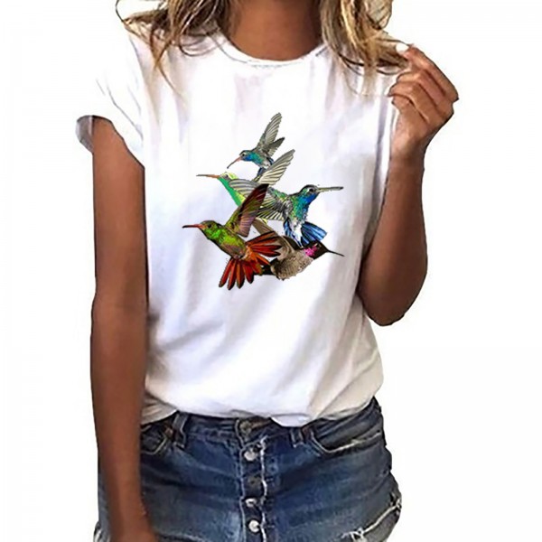 Wishebay foreign trade European and American women's loose round neck white bird print short sleeve T-shirt 