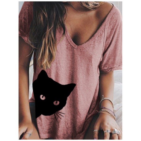 Amazon wish2020 European and American women's new top V-neck loose cat print short sleeve T-shirt 