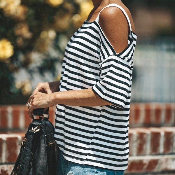 Foreign trade explosive eBay express Amazon wish European and American explosive striped short sleeved off shoulder top 