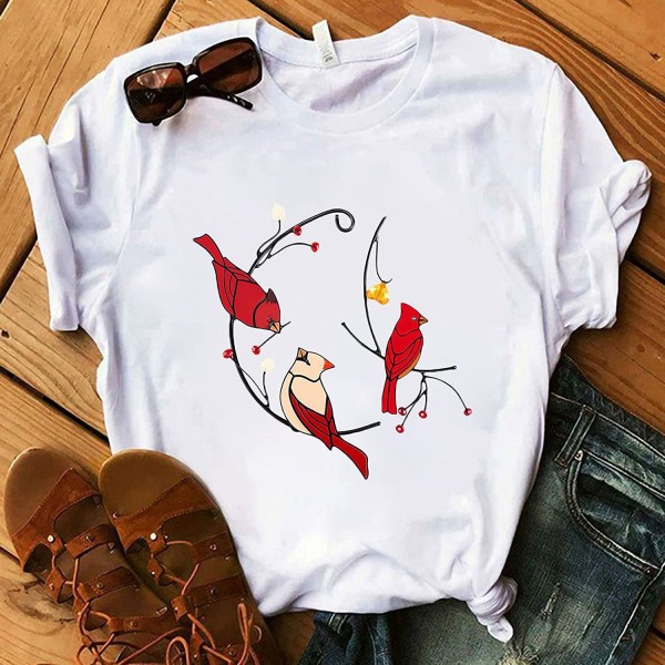 Wishebay foreign trade European and American women's loose round neck white bird print short sleeve T-shirt 