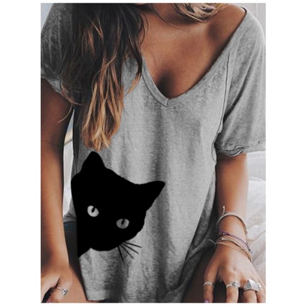 Amazon wish2020 European and American women's new top V-neck loose cat print short sleeve T-shirt 
