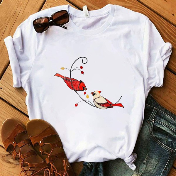 Wishebay foreign trade European and American women's loose round neck white bird print short sleeve T-shirt 
