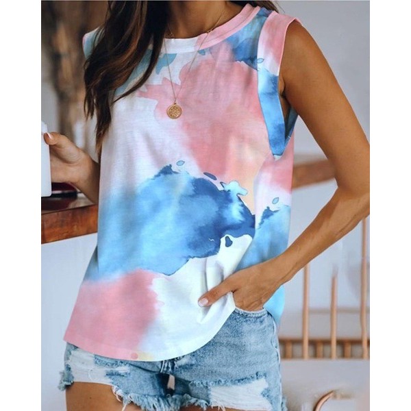9 color 5 size 2021 popular Amazon wise cross border women's wear European and American round neck tie dyed solid color vest T-shirt 