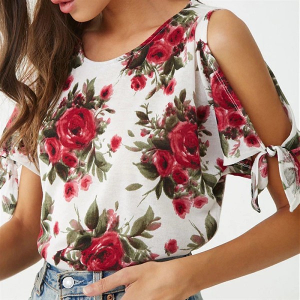 European and American summer flower printing casual off shoulder chiffon short sleeve women's T-shirt eaby express hot spot 