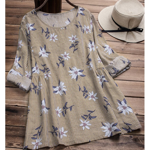 Striped embroidered long sleeve loose large women's dress shirt 