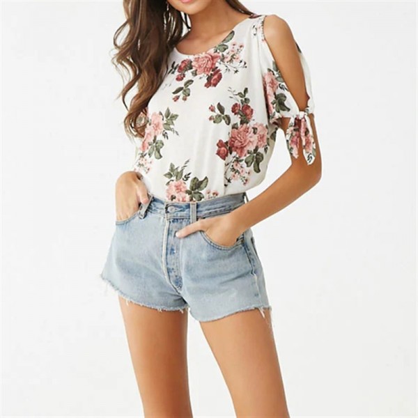 European and American summer flower printing casual off shoulder chiffon short sleeve women's T-shirt eaby express hot spot 