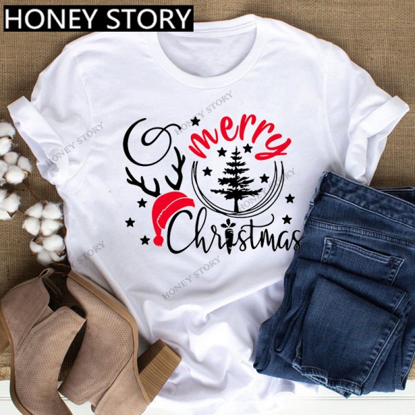 European and American Express New Christmas cartoon cute Santa elk reindeer printed men's and women's T-shirt 