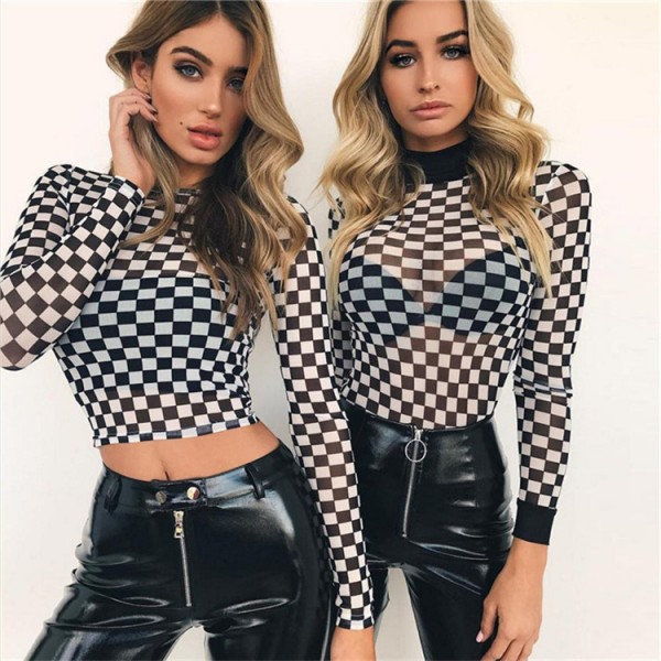 Europe and the United States 2020 spring and autumn popular women's clothing express cross-border black and white lattice round neck yarn net perspective long sleeve T-shirt women 