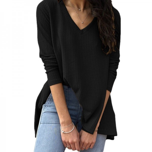 European and American women's cross-border foreign trade Amazon eBay autumn new casual loose V-neck bottomed shirt long sleeve T-shirt women 