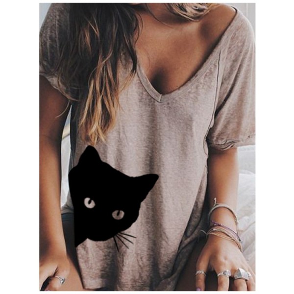 Amazon wish2020 European and American women's new top V-neck loose cat print short sleeve T-shirt 