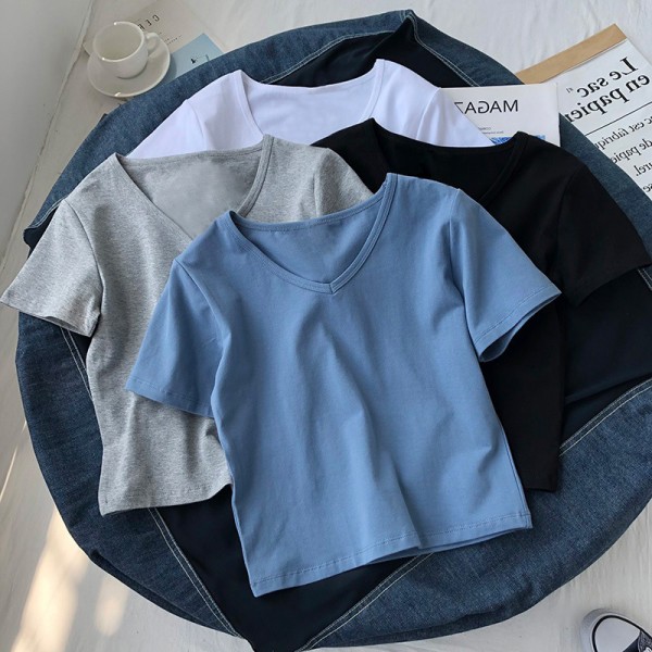 2022 European and American foreign trade women's cross-border New Amazon popular solid color V-neck short sleeve T-shirt women's summer short top 