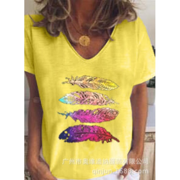 Wish2020 Amazon foreign trade new European and American summer feather 4 printed short sleeve women's T-shirt 