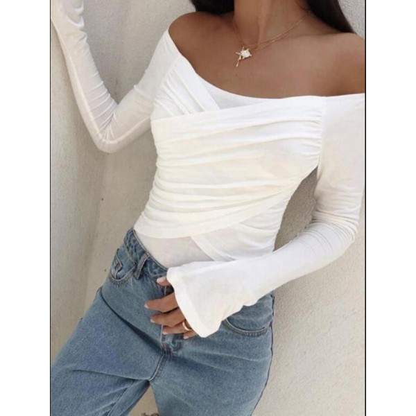 2019 European and American women's long sleeve straight neck off shoulder T-shirt women's T-shirt 