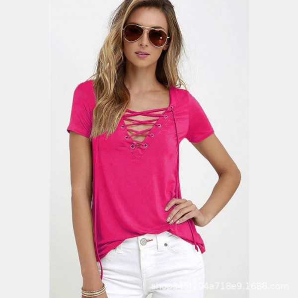 2021 Amazon eBay foreign trade European and American summer new women's sexy V-neck T-shirt women's top short sleeve 10 color 8 size 