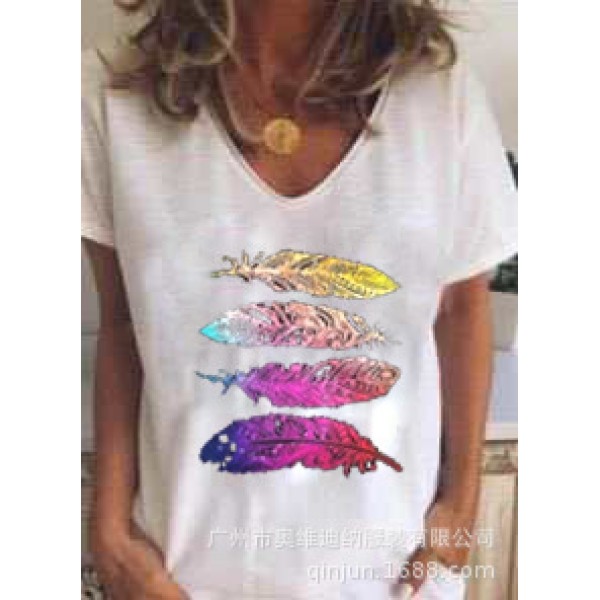 Wish2020 Amazon foreign trade new European and American summer feather 4 printed short sleeve women's T-shirt 