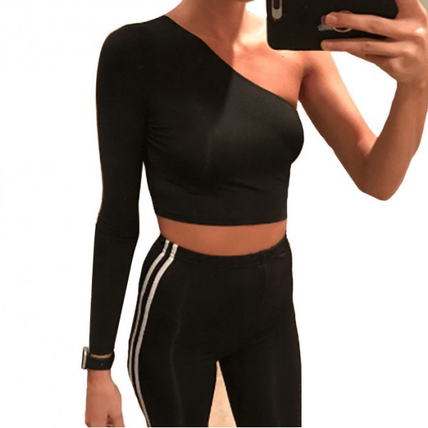 2021 cross border European and American Express 2020 new women's one shoulder long sleeve hollow out sexy navel top T-shirt 