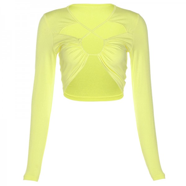 European and American style 2021 summer new women's fashion design sexy hollow out short navel exposed long sleeve T-shirt for women 